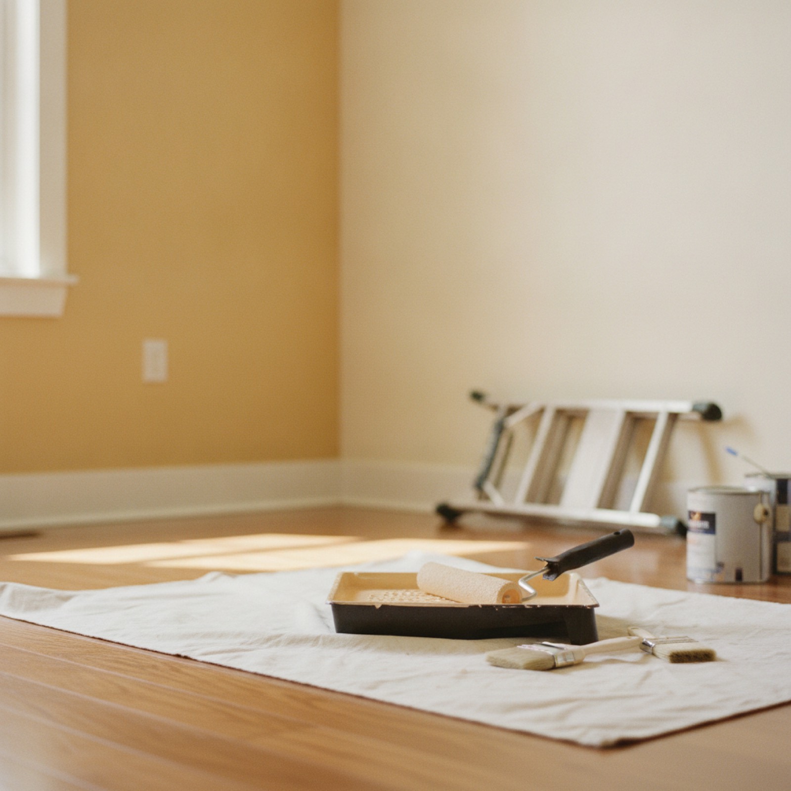 A St. Thomas room mid-refresh — roller and tray on the drop cloth, one warm accent wall freshly coated in afternoon light